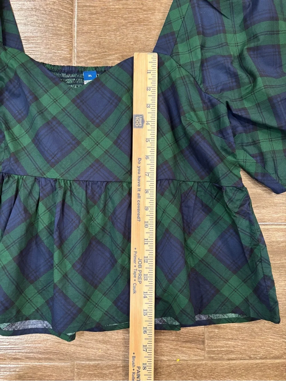 Old Navy & Green Plaid Puff-Sleeve Peplum Top Holiday Festive Sz XL Christmas